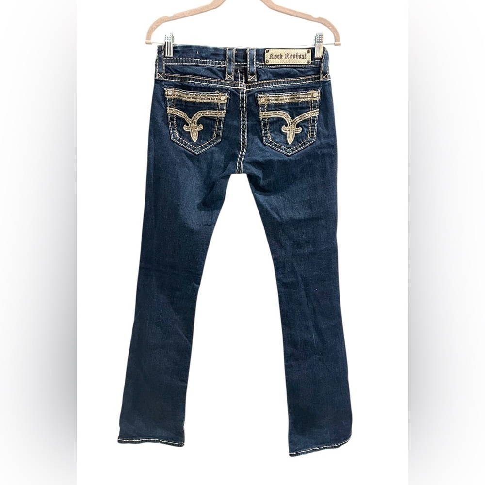ROCK REVIVAL SHERRY BOOT Crystal Rhinestone Pocket Dark Blue Jeans EUC Size 27 - Picture 2 of 12